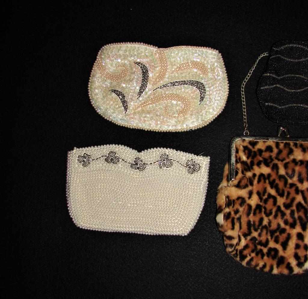 8 Vintage Purses or Handbags: 8 purses, five are beaded, one is a small silk coin purse for a chatelaine, and one is an animal fur, perhaps Leopard