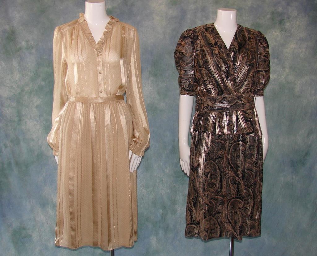 2 Ladies Vintage Dresses: By Richard Warren Petites, lame fabric with paisley print and gold metallic thread throughout, peplum waist and original belt, shoulder pads, elastic waist 43" L x 36" B Adrianna Papell, 100% silk mar