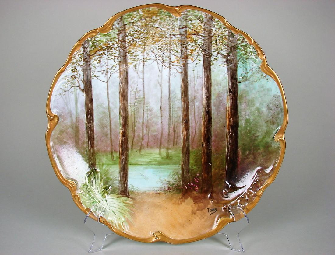 Limoges Antique Plate, Hand Painted, Large: SHIPPABLE: gold rimmed, landscape scene, signed Tomy, made by J. Pouyat, Limoges, France, another mark BBNF, Souvenir of Dixieland