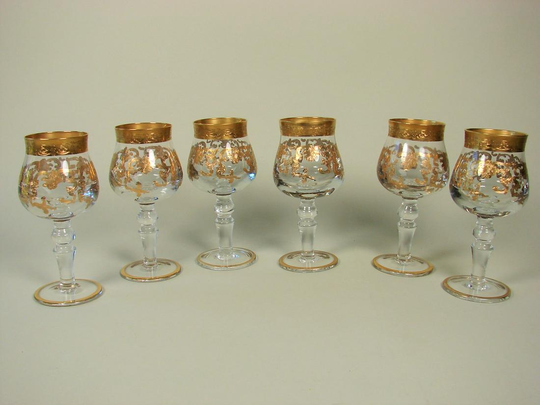 Set of Six Vintage Crystal Goblets w/Gold Detail: SHIPPABLE: no markings present, fairly heavy