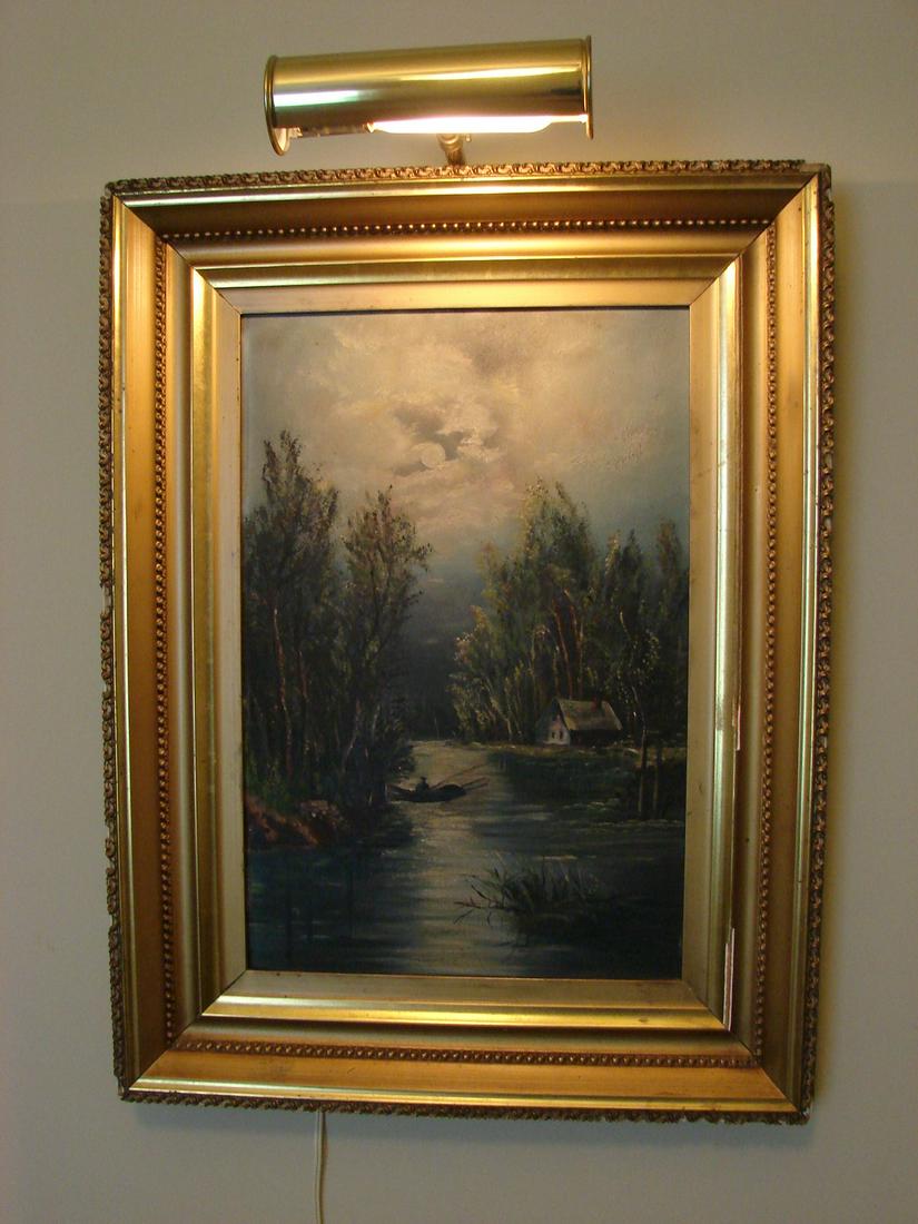 Antique Gold Framed Oil Painting: SHIPPING: Antique Gold Framed Oil Painting, not signed, of Man in Fishing Boat fishing near farmhouse, very peaceful scene, looks like oil paint, comes with light, no signature, 25" x 19" includes fra