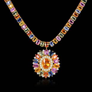 14K YELLOW GOLD 53CT CEYLON SAPPHIRE 1.00CT DIAMOND NECKLACE: Metal: 14k Solid Yellow GoldApprox Face Measurements: 27 x 28mmSize: 17.5Finish: Bright Polish Markings: Stamped 14KCountry Made: United StatesMain Stone: SapphireQuantity: 15Shape: OvalColor: Multi-C