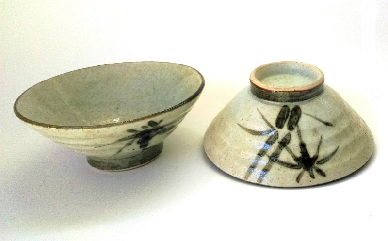 TWO JAPANESE RICE BOWLS, 20th Century: Description : "Raised Japanese bowls with Bamboo motif.-- "Medium : Glazed earthenware.-- Dimensions : Approx. 18 x 7 cm