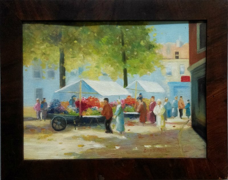 DUTCH SCHOOL: Description : "Flower market".-- Medium : Oil on board.-- Dimensions : 40 x 50 cm.-- Signature : Signed