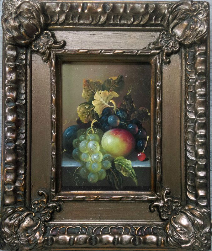 DUTCH SCHOOL Still life: Description : "Still life with fruit".-- Medium : Oil on panel.-- Dimensions : 16.5 x 12 cm (sight)