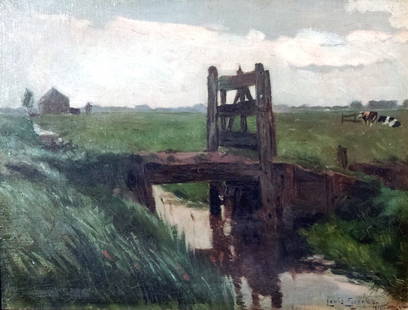 Louis SOONIUS (1883-1956): Description : "Dutch polder with cows" -- Medium : Oil on canvas/board -- Dimensions : 26 x 34 cm -- Signature : Signed and dated 1915 -- Estimate : 200 - 300 Euro