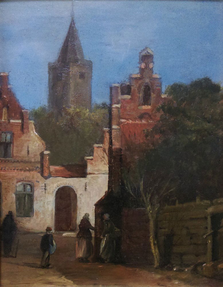 DUTCH SCHOOL , 19th Century: Dutch School, 19th Century -- Description : "Dutch street scene" -- Medium : Oil on panel -- Dimensions : 20.5 x 16.5 cm -- Signature : Unsigned -- Estimate : 100 - 200 Euro