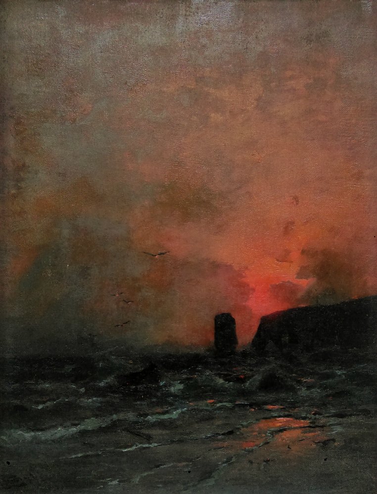 European school, 19th century: European school, 19th century -- Description : "Coast at sunset" -- Medium : Oil on canvas/panel -- Dimensions : 52 x 40 cm -- Signature : Signed lower left dated 1873 -- Estimate : 400 - 600 Euro