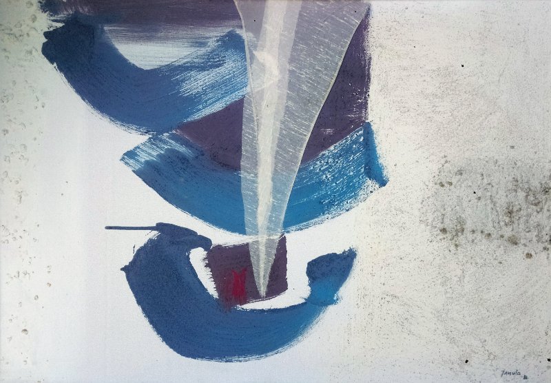 Frantisek JANULA 1932-* - Large abstract painting: Frantisek JANULA 1932-* -- Description : Vording 1984 -- Medium : Oil, collage on canvas -- Dimensions : 70 x 100 cm -- Signature : signed dated lower right