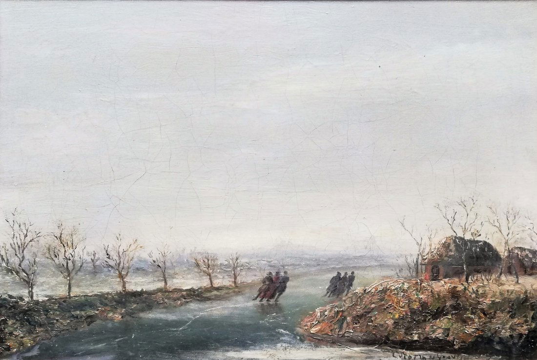 Dutch school, 1890 Oil panel, Ice skating (1 of 2)
