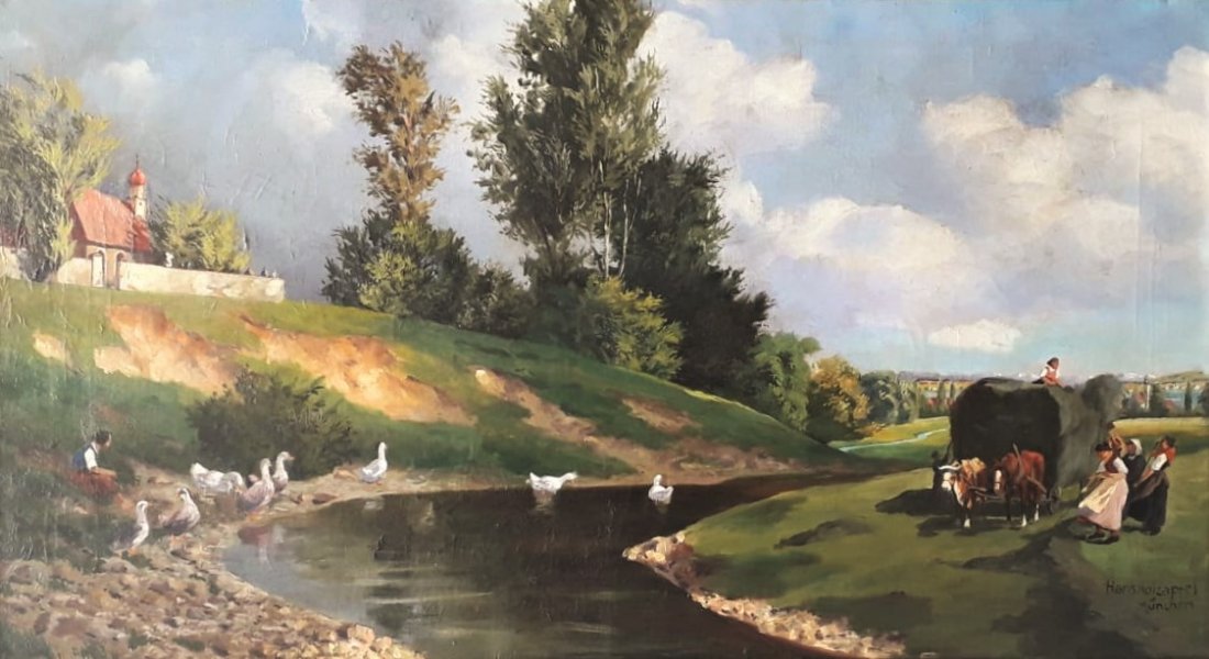 Hans HOLZAPFEL (1884-1960) - painting: Hans HOLZAPFEL (1884-1960) -- Description : Am Bach -- Medium : Oil on canvas -- Dimensions : 57 x 100 cm -- Signature : Signed lower right -- Estimate : 200 - 300 Euro