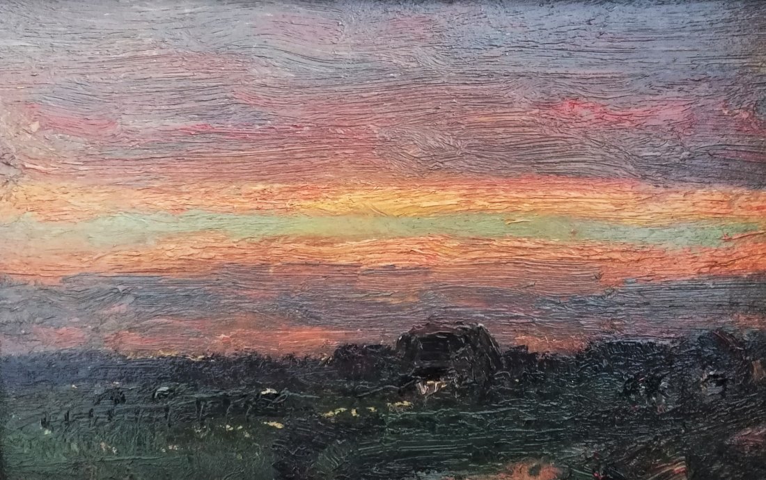 Dutch/ Belgian school landscape painting: Dutch/ Belgian school -- Description : Landscape at dusk -- Medium : Oil on panel -- Dimensions : 17 x 26 cm -- Signature : No apparent signature -- Estimate : 100 - 200 Euro