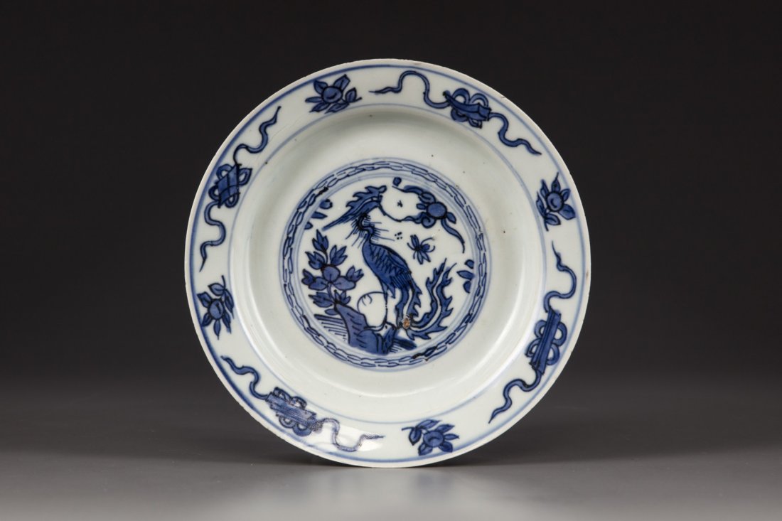 A blue and white 'phoenix' dish (1 of 2)