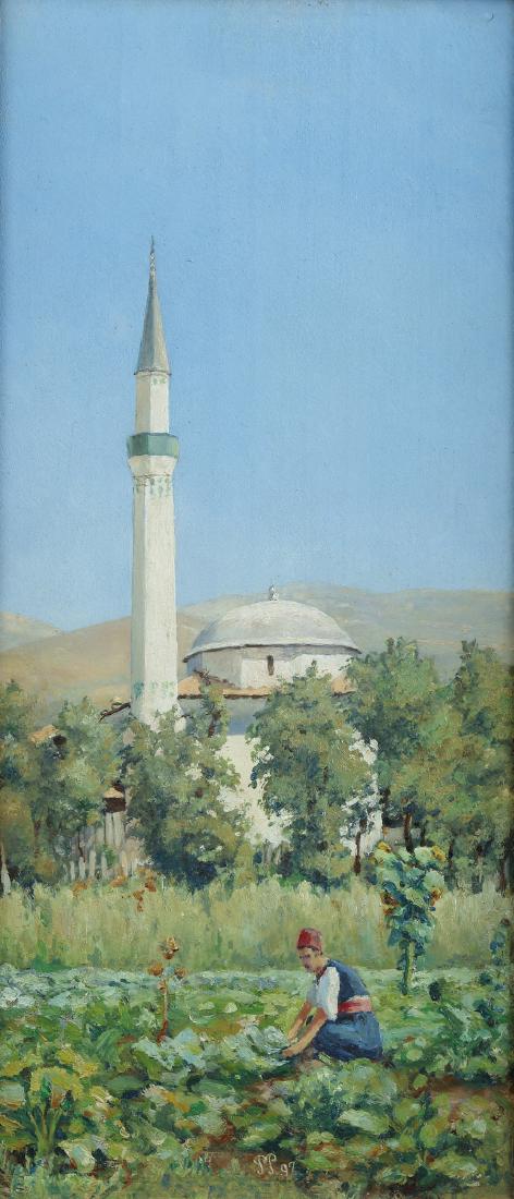 A painting depicting horticulturist at work before a: PAUL PASCAL (French 1832-1903) Horticulturist at work before a mosque in Turkey. Monogrammed P.P. and dated `97 in the middle. Oil on panel. Period: 19th century Sizes: 33.00 cm. H x 15.00 cm. W 12.99