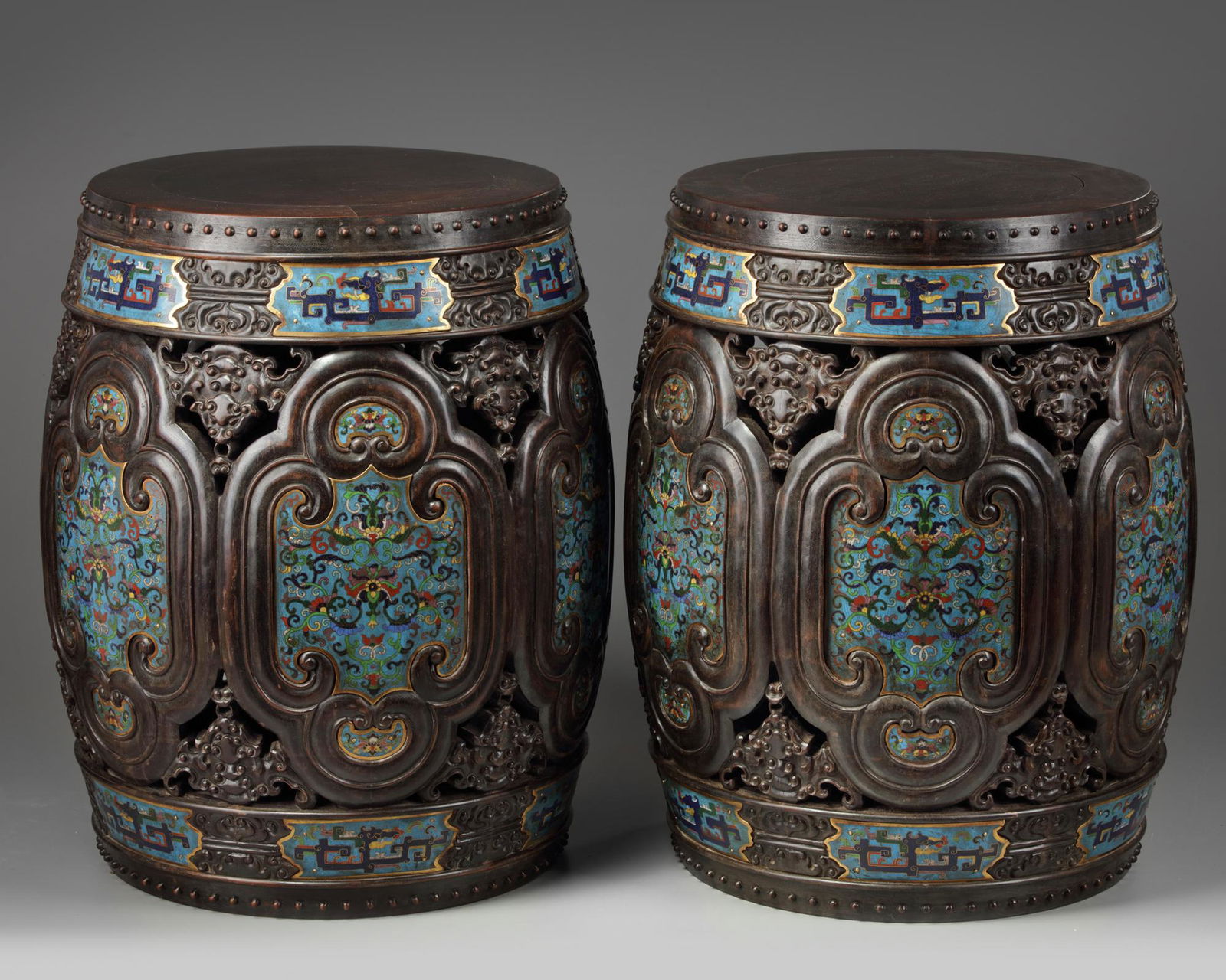 A pair of Chinese cloisonnÃ© enamel-inset zitan garden (1 of 10)