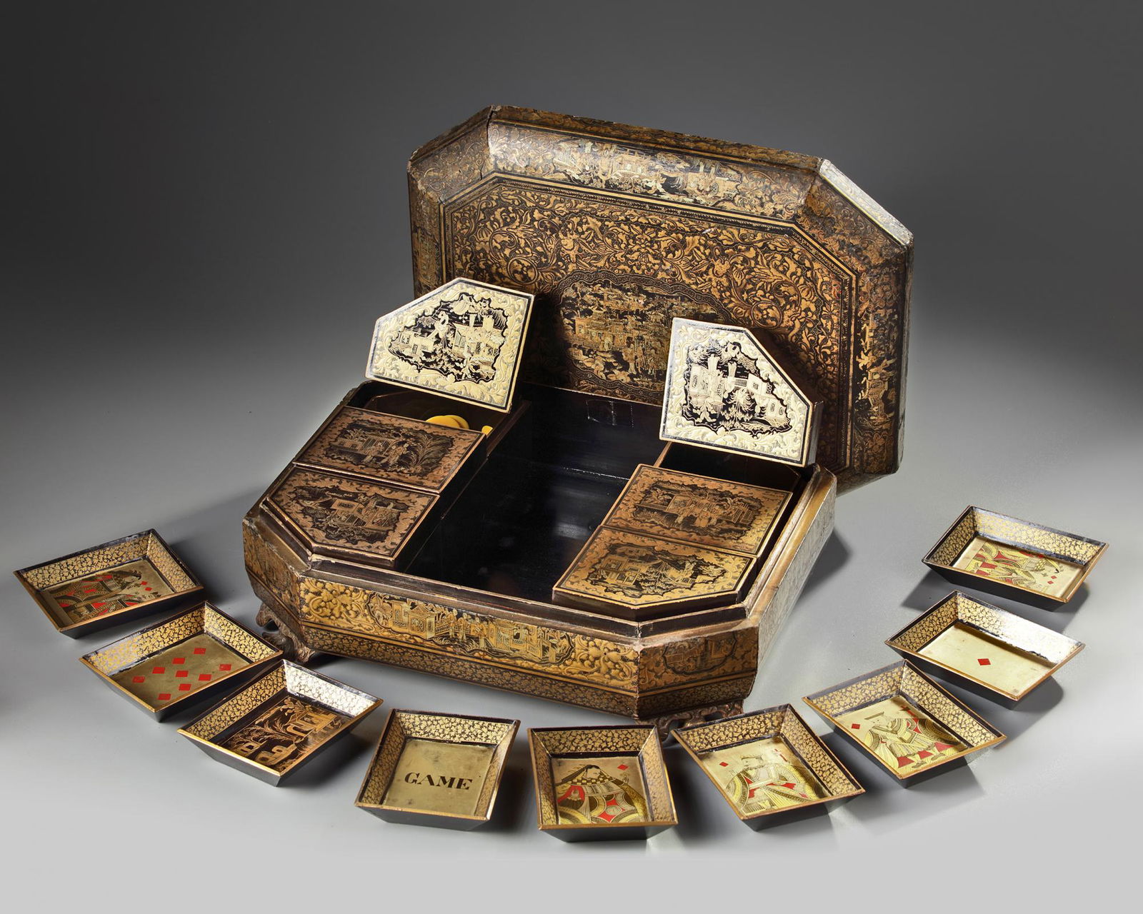 A Chinese export gilt lacquered games box (1 of 4)