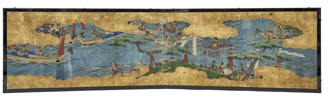 A Japanese two-panel Byobu screen: A two panel byobu-screen for the tea-room decorated with an anonymous polychrome painting enclosed by golden clouds depicting a scene from a medieval warrior story. H. : 46 cm; L. : 84 cm (2x). Origin