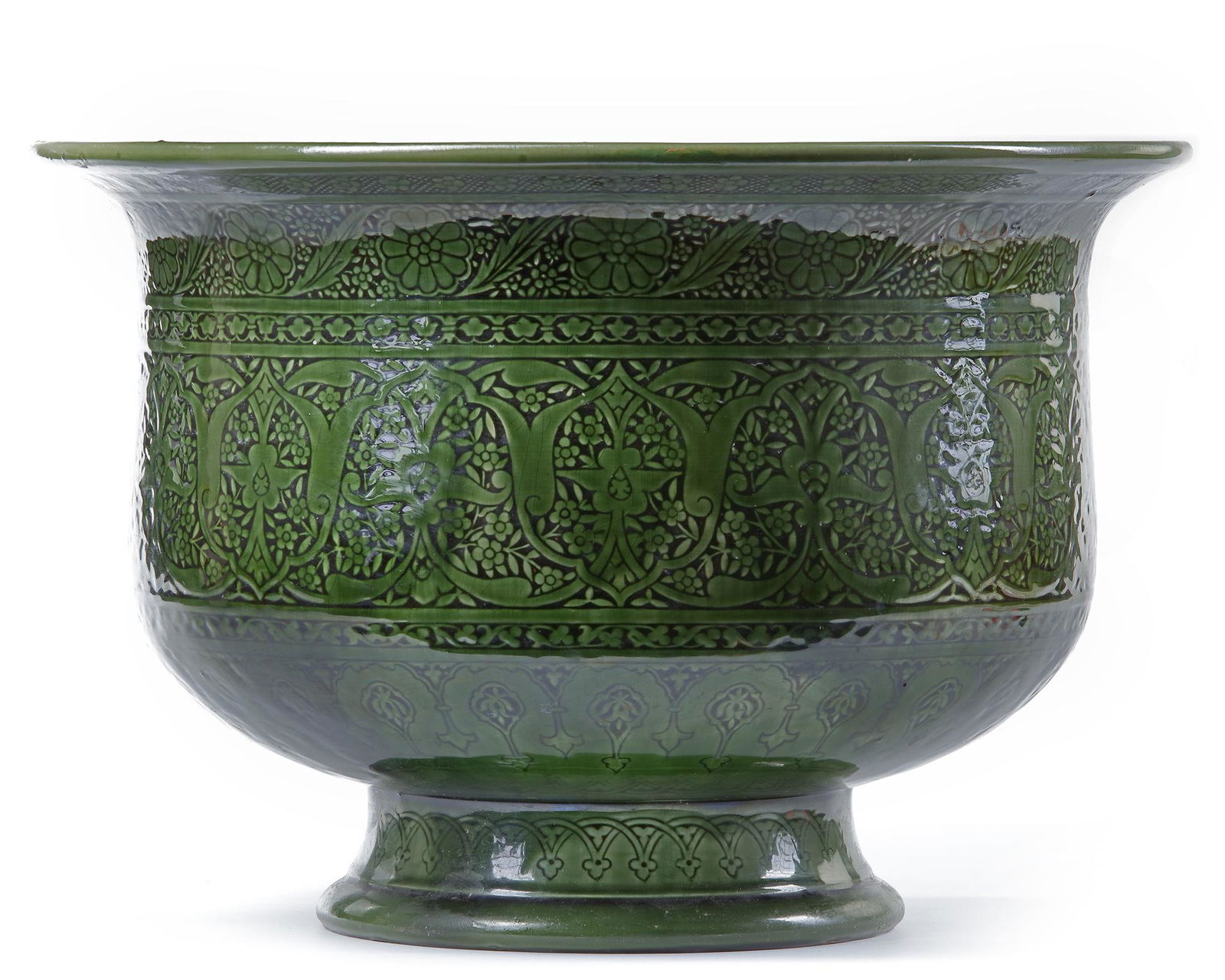 A CACHE POT, THEODORE DECK (1823 - 1891): Baluster-shaped pot in glazed earthenware, deep green, decorated with large plant friezes.Signed 'Th.Deck'.27 cm. height, 40 cm. diam.
