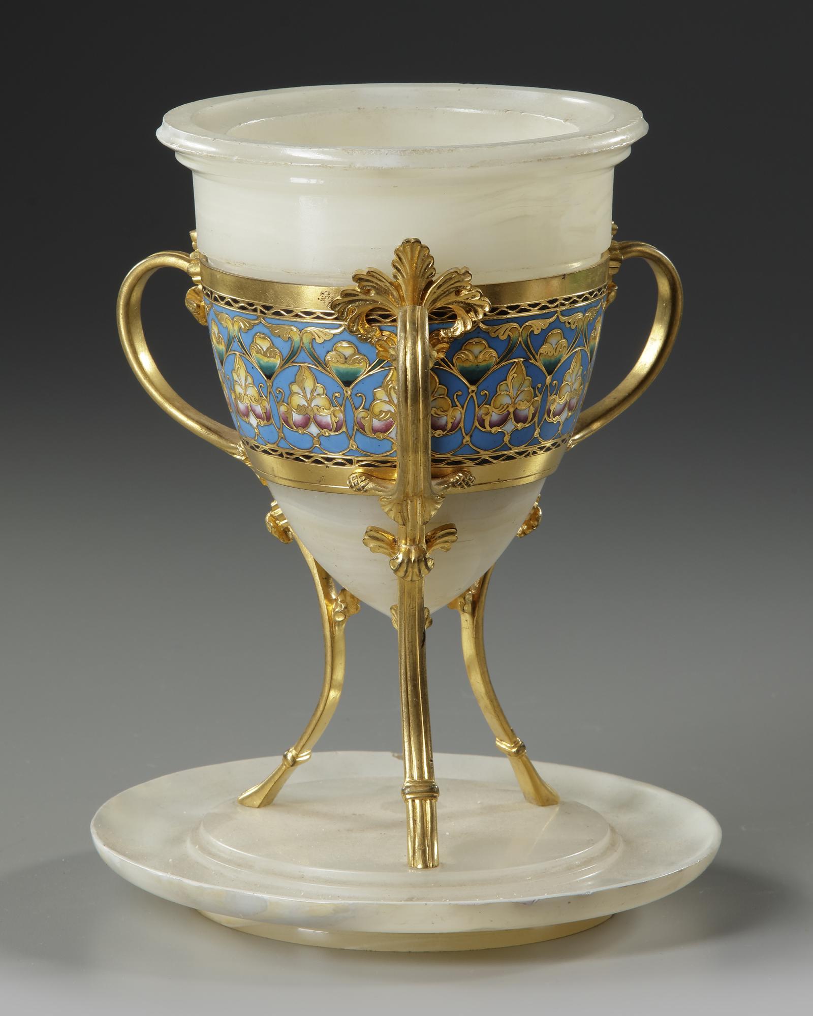 A FRENCH ORMOLU, CHAMPLEVÃ‰ ENAMEL AND JADE: An ormolu, champlevÃ© and jade centerpiece.In a good condition. H 22 cm.