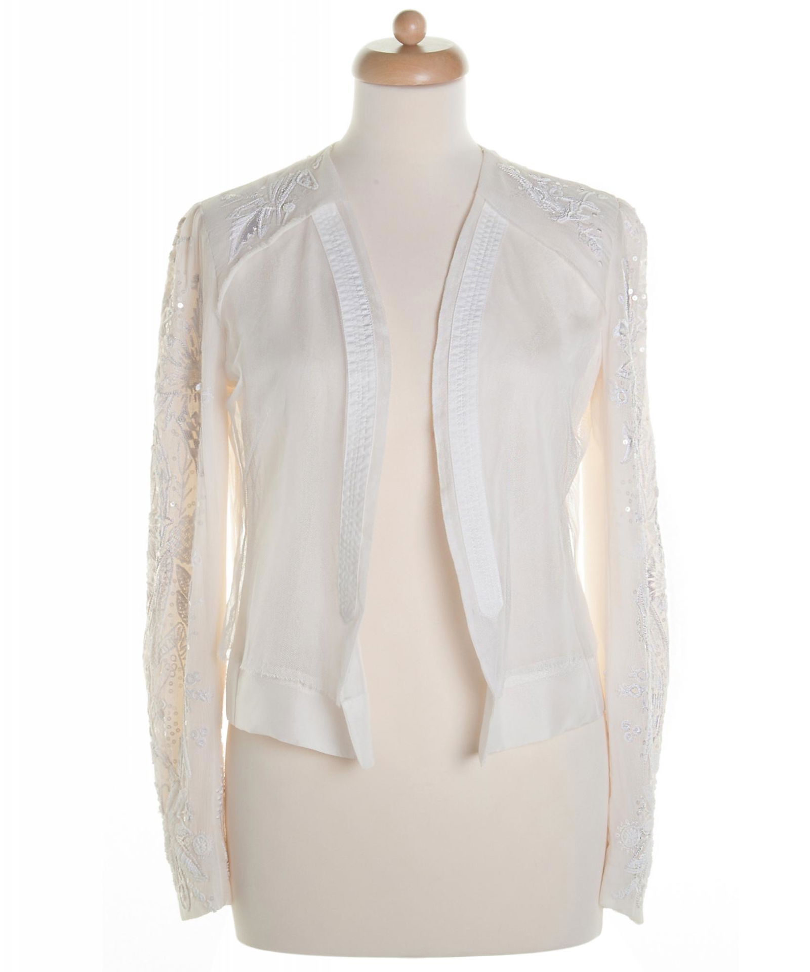 Dries Van Noten Embroidered Open-Front Top: Dries Van Noten's glamorous top is made from white silk with an embroidered white mesh overlay. Tonal sequins and beads swirle down the sleeves. * Open front design * Long sleeves * Mesh overlay * Ton