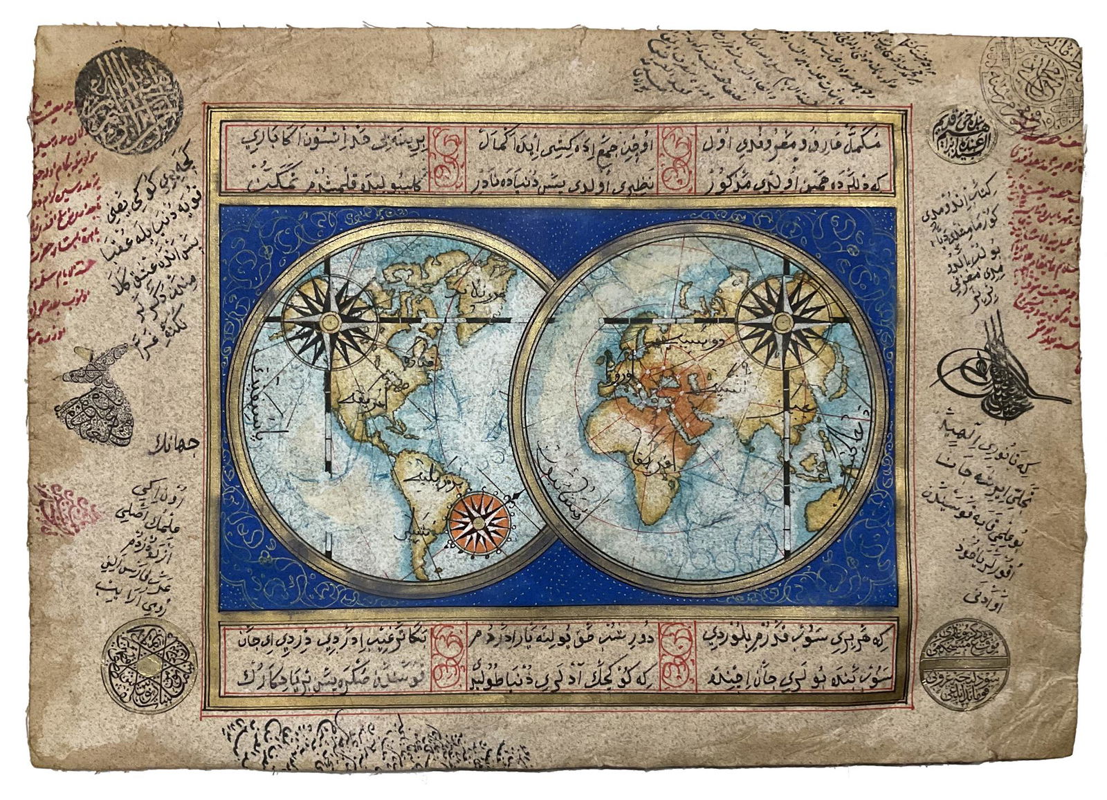 AN OTTOMAN MAP OF THE WOLRD, TURKEY, 19TH CENTURY: Gouache heightened with gold on paper, depicting map of the world in mercator projection, surrounded by gilt roundels, with two gilt bands enclosing Turkish inscriptions, with ownership statements and