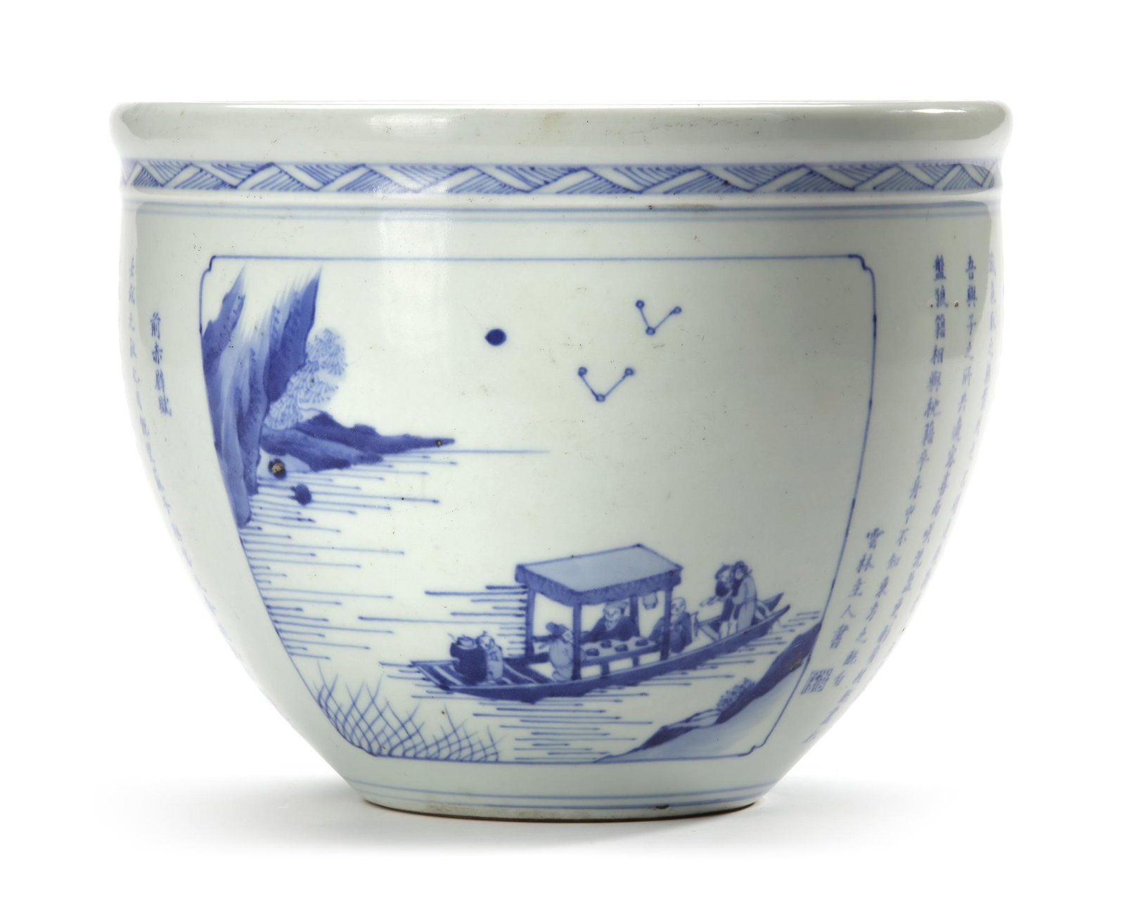 A CHINESE BLUE AND WHITE WATER POT, 19TH CENTURY: A Chinese porcelain water pot decorated in cobalt blue with figures and their servant on their sampan in a lake landscape, further stylized with Chinese inscriptions "poems". Height: 18 cm. Diameter: 