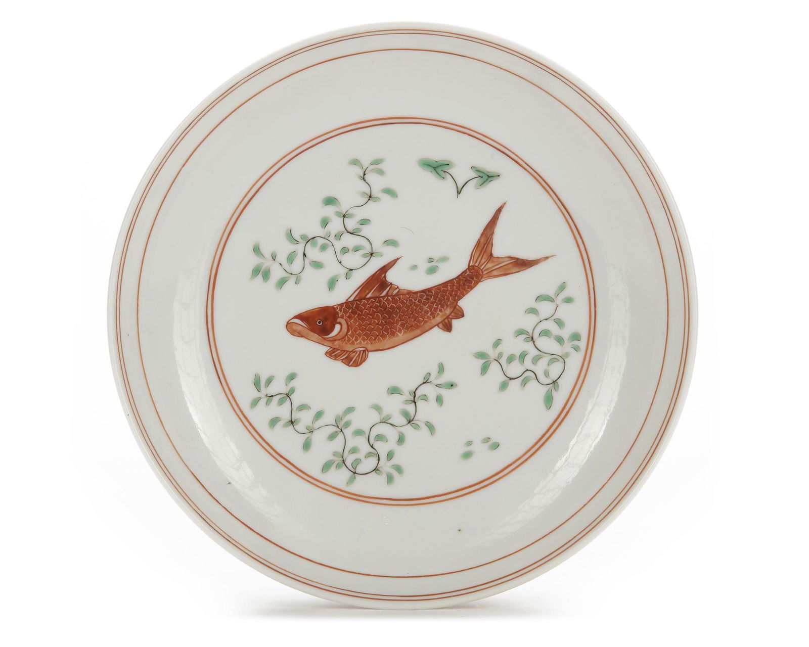 A CHINESE IRON-RED AND GREEN-ENAMELED FISH DISH, 19TH CENTURY (1 of 2)