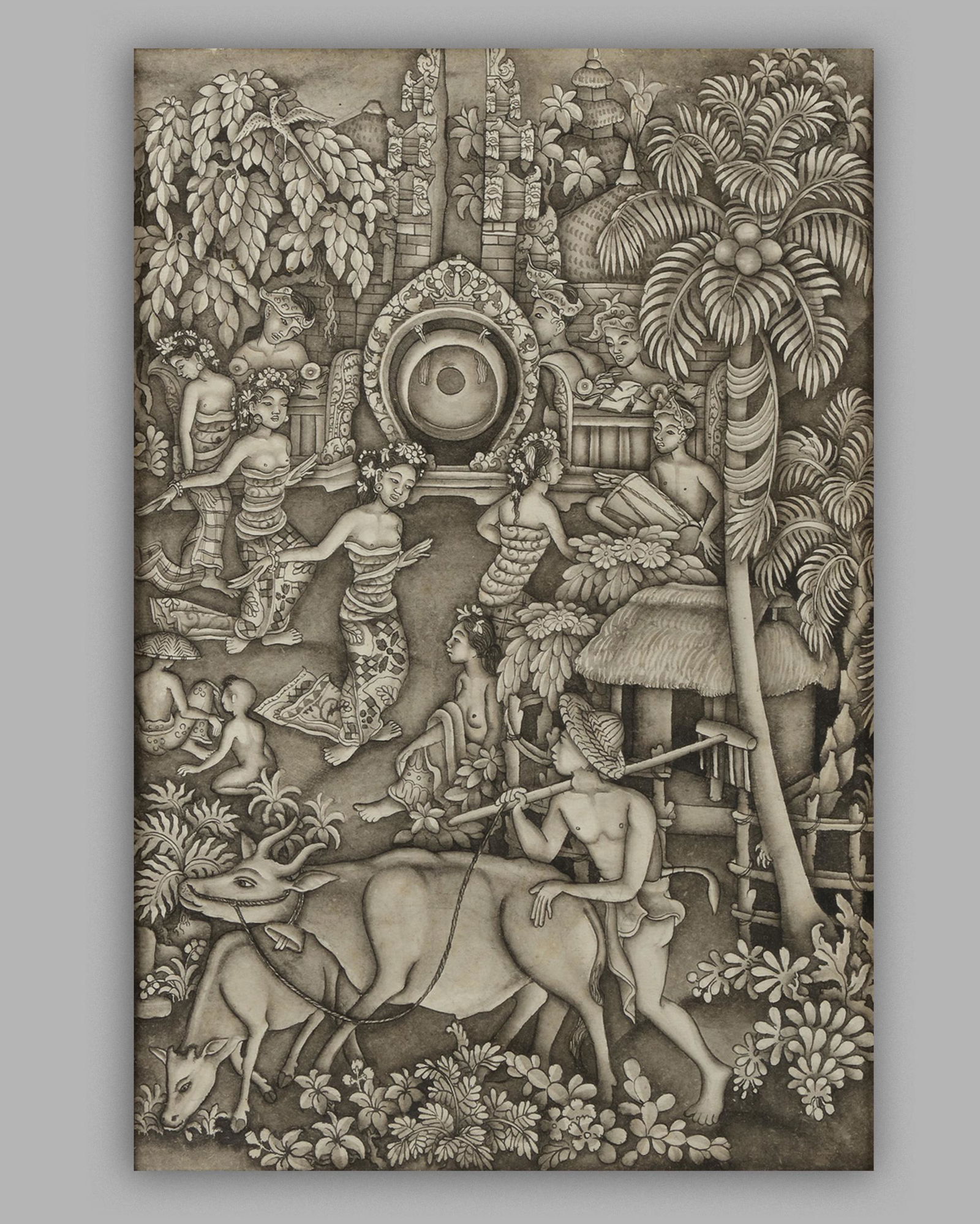 A BALINESE PAINTING BATUAN 1948 BY J. DJATA: J. Djata a student of Bonnet, Balinese school. Dancers and the ox. Tempera on canvas. 17 by 25 cm.