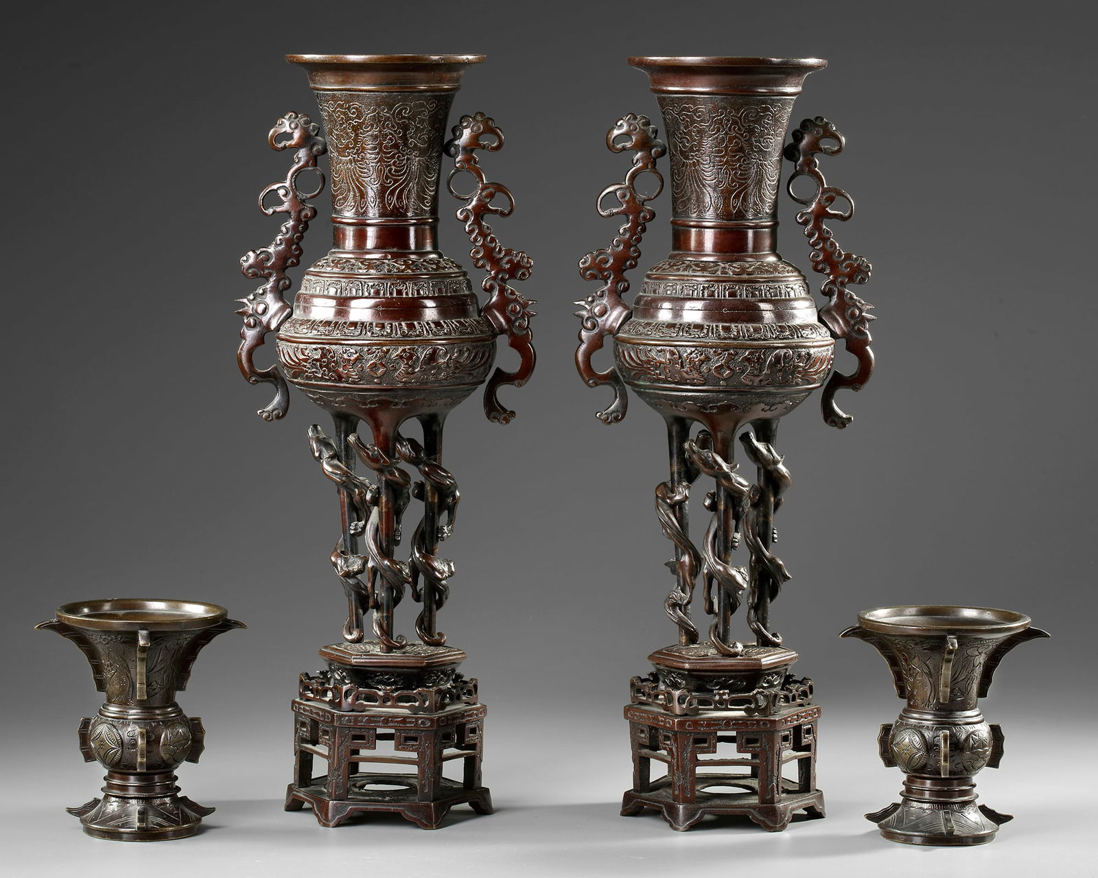 A PAIR OF CHINESE BRONZE GU VASES AND A PAIR OF JAPANESE BRONZE CENSERS , 19TH CENTURY (1 of 4)