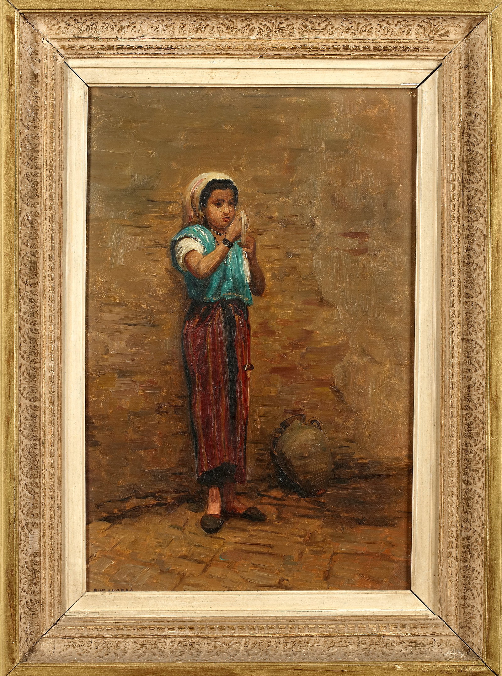 A PAINTING DEPICTING A GIRL, 19TH CENTURY, SIGNED AUGUSTE LEGRAS (1864-1915): August Legras (French/Dutch 1864-1915) A spool-knitting Lebanese girl before a wall. Signed. Oil on canvas. 40 by 25 cm.