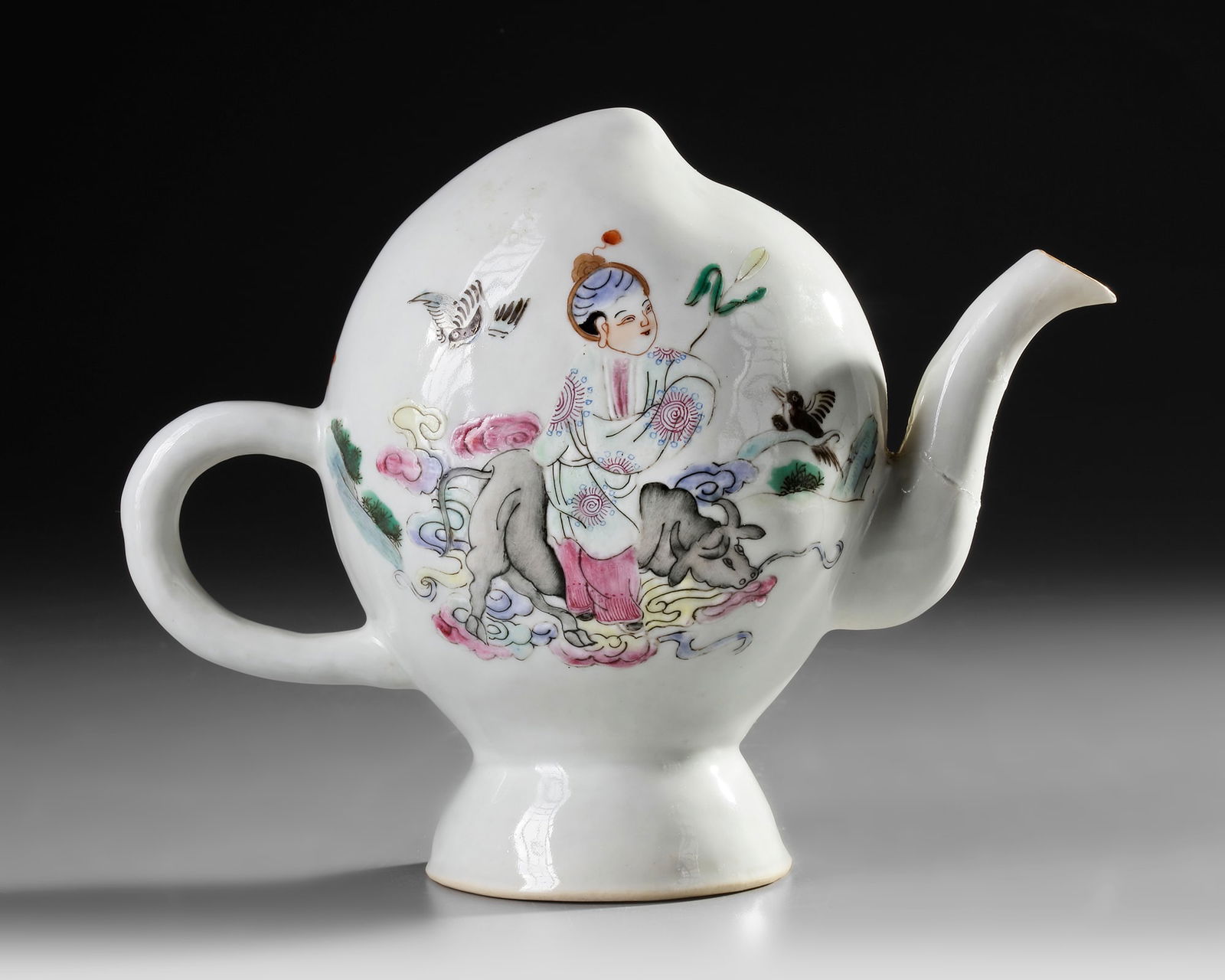 A CHINESE FAMILLE ROSE 'COWHERD AND WEAVER GIRL' CADOGAN TEAPOT, 19TH-20TH CENTURY (1 of 3)