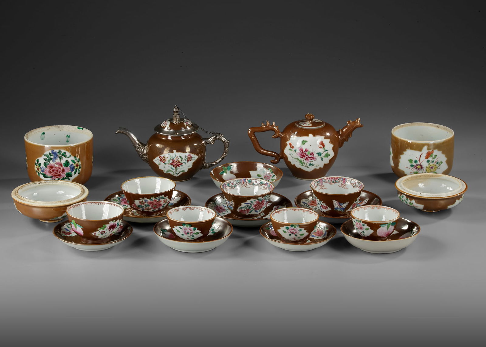 A COLLECTION OF 19 CHINESE FAMILLE ROSE CAFE AU LAIT GROUND ' BATAVIA' WARES, 18TH CENTURY (1 of 5)