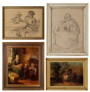 LOUIS SOONIUS (1883-1956), 'BLOWING BUBBLES', OIL ON CANVAS: Signed lower right, 70 by 60 cm. Together with two drawings on paper depicting children at play and a small oil on canvas streetview. (4)