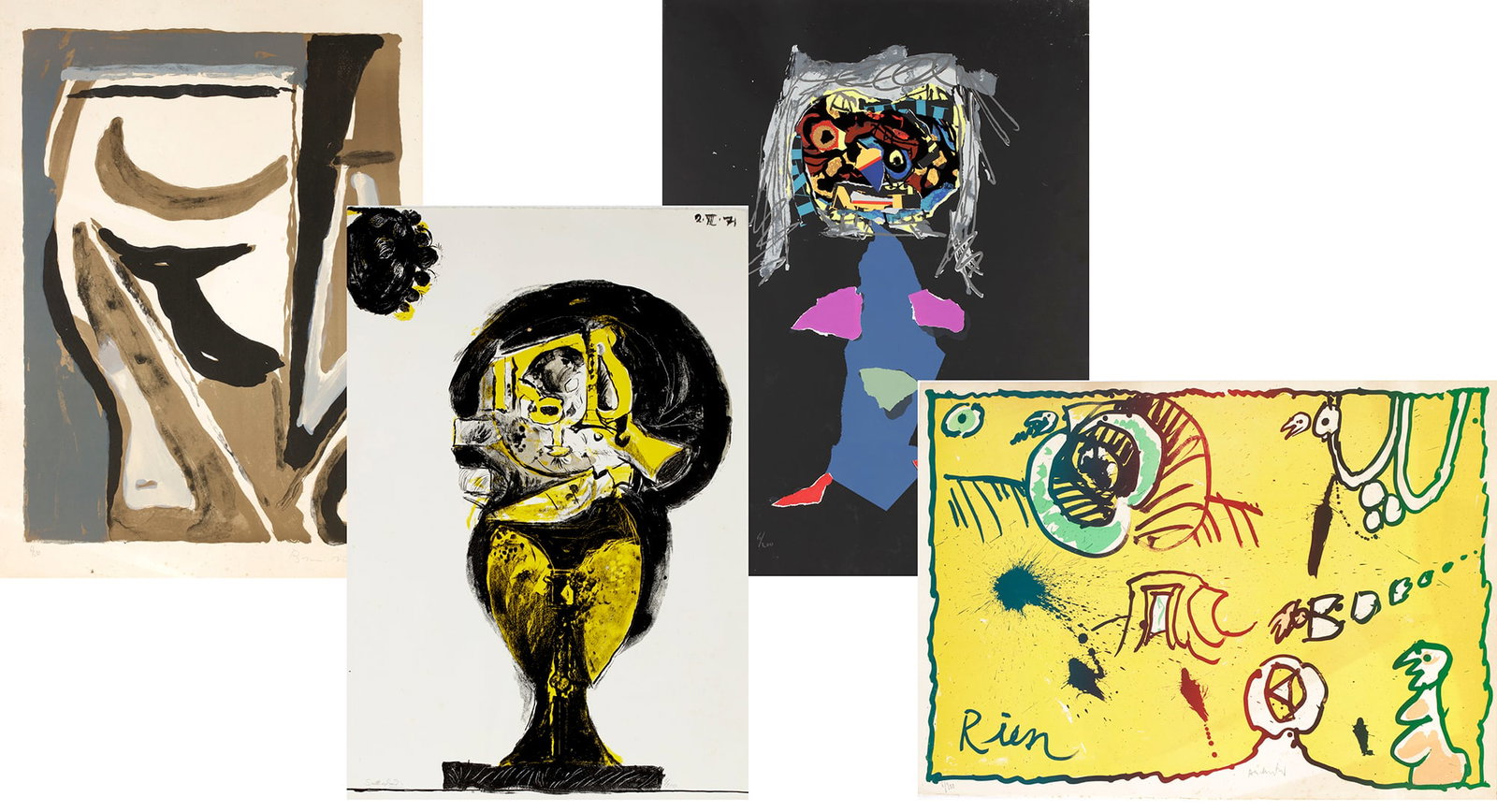 FOUR COLOUR LITHOGRAPHS BY BRAM VAN VELDE, PIERRE ALECHINSKY, ANTONIO SAURA AND GRAHAM SUTHERLAND: All from editions of 200, all signed.Measurements: all between 50 by 80 cm, (all unframed) (4) (some wear at the edges)