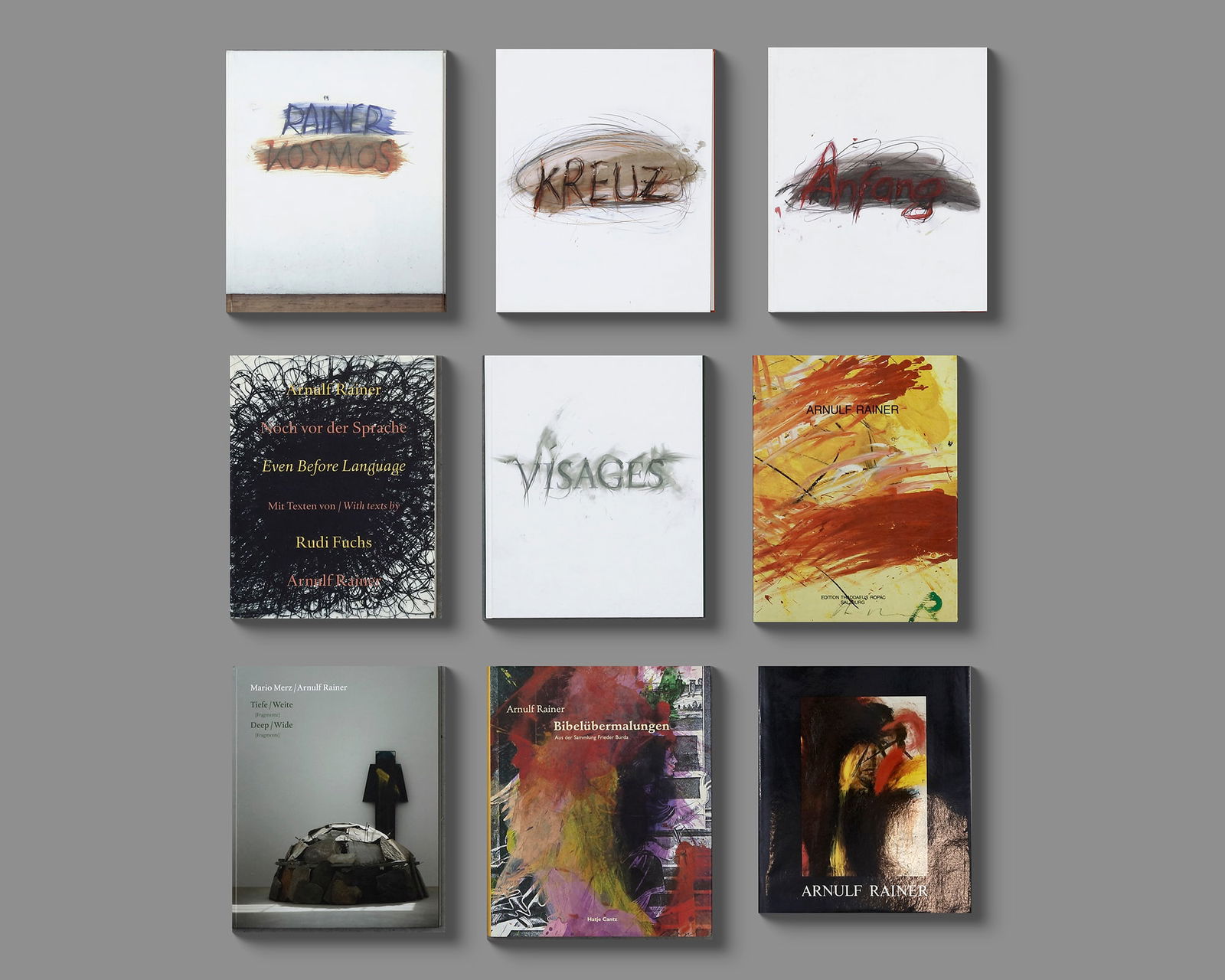A COLLECTION OF NINE ART BOOKS ABOUT ARNULF RAINER: 1. “Rainer Kosmos”: This likely explores the artistic universe or “cosmos” of Arnulf Rainer, highlighting his creative process and thematic elements across his work.2.“Kreuz”: