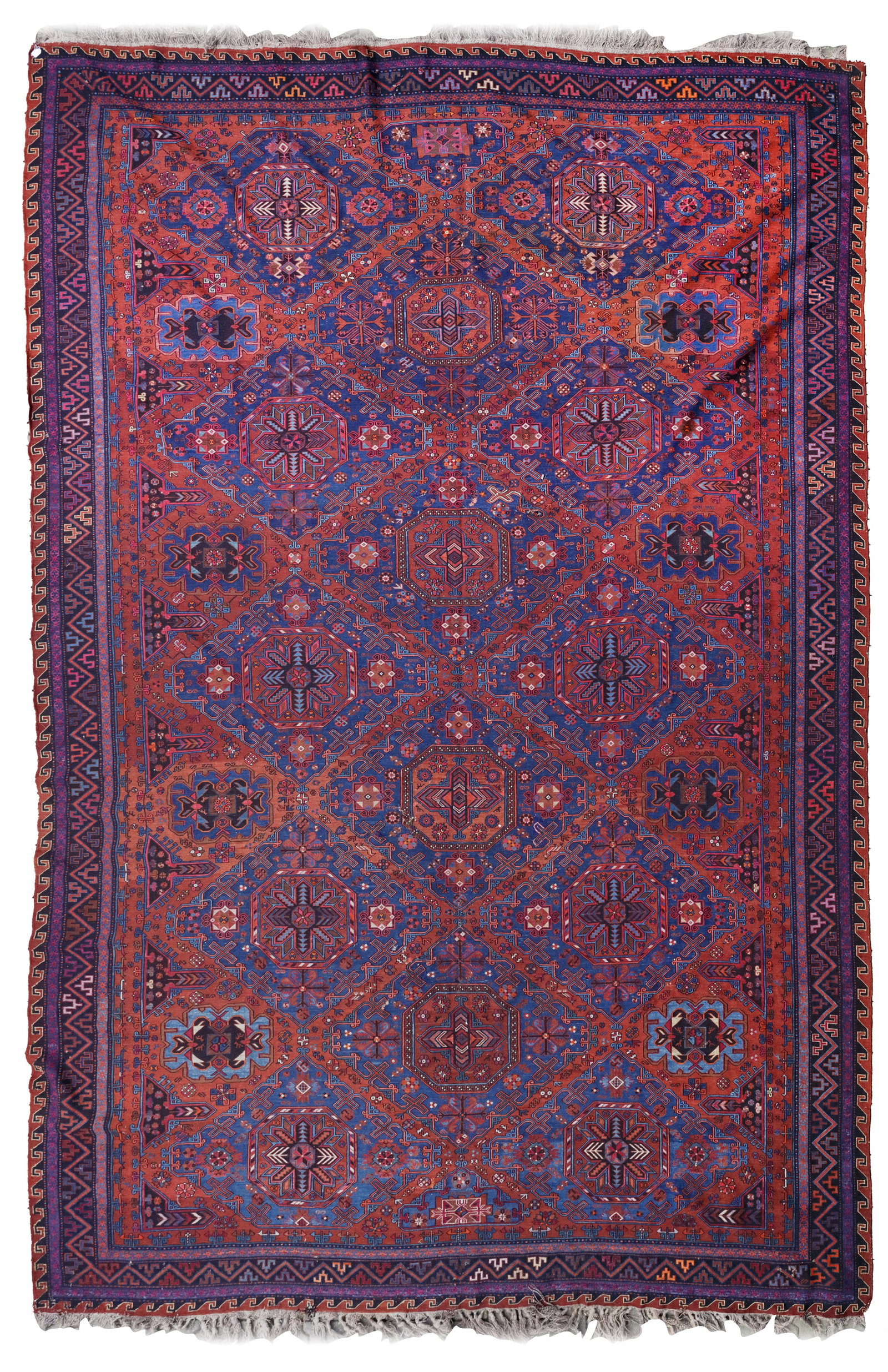 A LARGE UNUSUAL ZEICHUR SUMAK CAUCASIAN CARPET, CA 1920 (1 of 2)