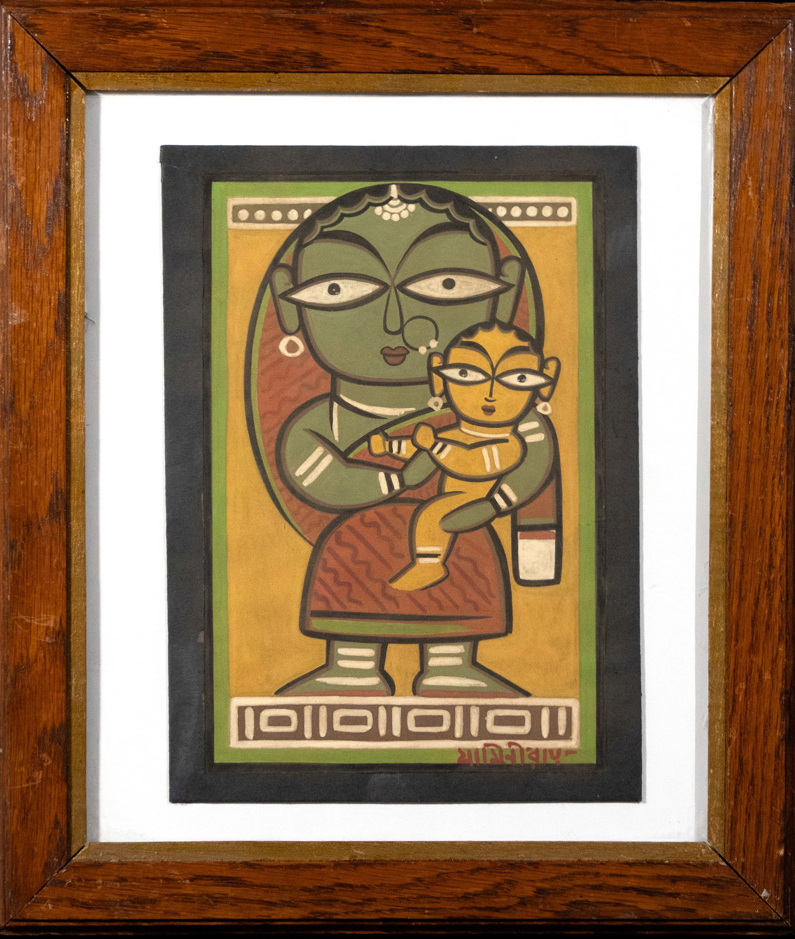 JAMINI ROY (1887 - 1972) UNTITLED (MOTHER AND CHILD): Jamini Roy (1887-1972) Untitled (Mother and Child) Gouache on board Signed and dated lower right Circa 1960 27 by 18 cm.