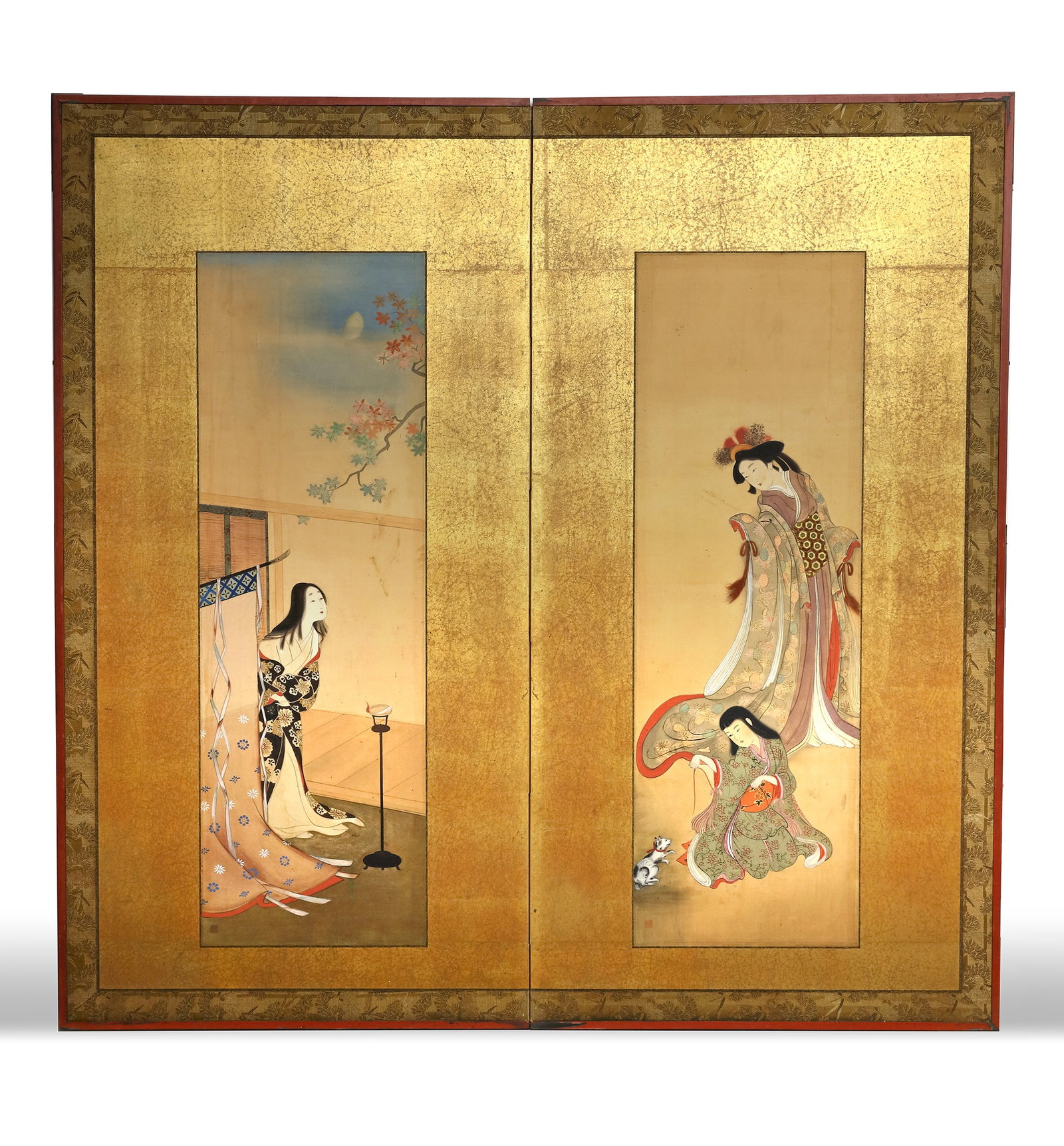 ANTIQUE JAPANESE BY?BU SCREEN — BIJINGA BEAUTIES IN TRADITIONAL ELEGANCE: This exquisite 2-panel Japanese byobu (folding screen) features two stunning bijinga paintings, celebrating the timeless grace and beauty of women in classical attire.Left Panel: A refined lady in a l