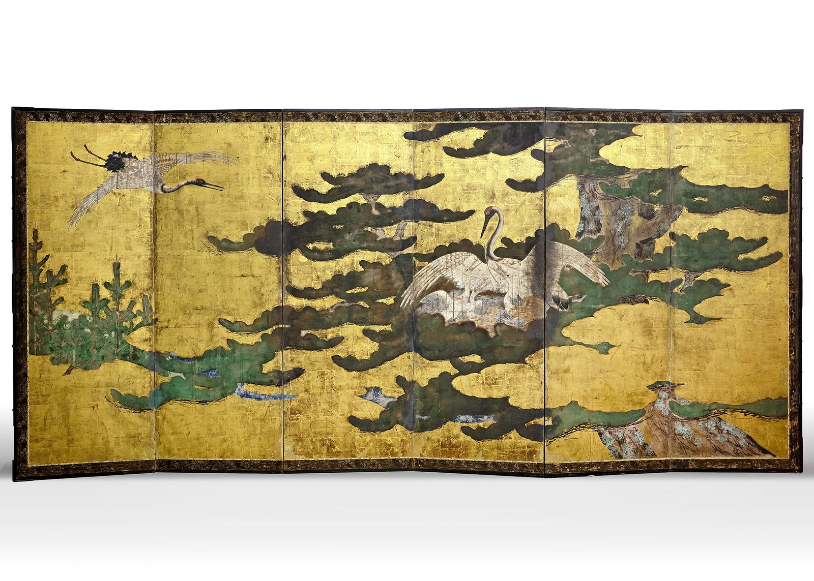 A JAPANESE SIX-PANEL BYOBU WITH CRANES AND PINE, MOMOYAMA, EARLY EDO, LATE 16TH–EARLY 17TH CENTURY (1 of 2)