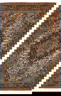 AN GHOM CARPET, CA. 1960: An old Ghom carpet from Central Persia, around 1960.Expressive medallion pattern on a shiny white silk background.Decorative bridge with aesthetic ornamentation. Hand-knotted, original all around. Pil