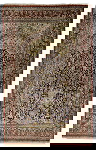 AN ANTIQUE SIGNED PERSIAN SILK PRAYER RUG, LATE 19TH CENTURY: An antique signed Persian silk prayer rug, late 19th century, All around original, precious hand-knotted impressive silk rug, excellent condition.Size: 170 x 110 cm.