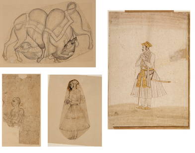 AN INDIAN COLLECTION OF FOUR DRAWINGS, INDIA, 18TH CENTURY: Ink on paper, depicting two fighting camels, a Brahman; a Mughal man carrying a book and a miniature drawing of a mughal nobelman with gold highlights. 12 by 17.5/ ca. 19 by 10/ ca. 12.5 by 6 and 18.3