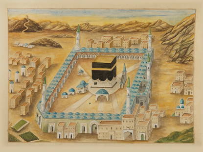A PAINTING OF MECCA SHOWING THE KABAA  AND AL-MASJID AL-HARAM, OTTOMAN EARLY 20TH CENTURY: Watercolour on paper, depicting a view of Mecca with al-Masjid al-Haram and the Kaaba, surrounded by Mecca houses, with a mountainous landscape in the background.62 by 47 cm