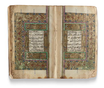 AN OTTOMAN ILLUMINATED QURAN, WRITTEN BY ABU BAKR AL-RUSDI, TURKEY AND DATED 1260 AH/1844 AD: A complete Quran, Arabic manuscript on cream paper, each page with 15 lines written in black naskh script within gold and black rules, gold roundel verse markers. Surah headings in red script, gold an