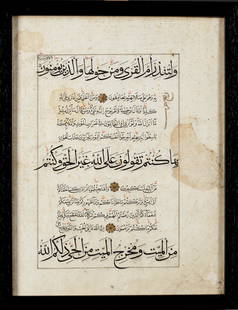 AN ILLUMINATED DOUBLE-SIDED SAFAVID QURAN FOLIO, PERSIA, 16TH CENTURY: Arabic manuscript on paper, featuring three large lines written in elegant black Muhaqqaq script. The text is arranged in two columns of four lines each, written in black Naskh script. Tajw?d is marke