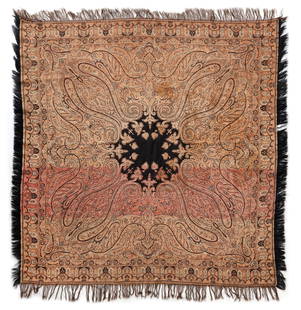 A KASHMIR SQUARE SHAWL, NORTH INDIA: Wool, with a central black medallion and tall boteh decoration.