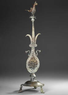 A PIERCED BRONZE PROCESSIONAL STANDARD ('ALAM) PERSIA, 19TH-20TH CENTURY: Of drop-shaped form, rising from a conical shaft with a raised boss and supported on three feet. The central panel features a cut thuluth inscription reading “Allah, Muhammad, and Ali&rdquo; set aga