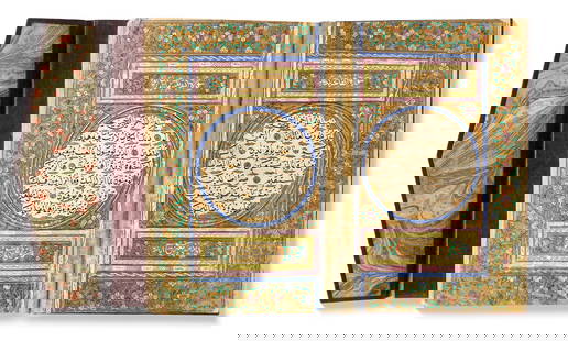 A FINE ILLUMINATED OTTOMAN QURAN, WRITTEN BY ALI VASFI AND DATED 1287 AH/1870 AD: A complete Quran, Arabic manuscript on paper, 15 lines to each page in bold black naskh script within a red and gilt border outlined in black. Surah headings in white thuluth script on a gilt panel. G