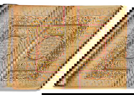 AN ILLUMINATED QURAN, TURKEY, DATED 1293 AH/1878 AD: Arabic manuscript on paper, 298 leaves, 15 lines to the page written in naskhi script in black ink with diacritics and vowel points in red and black, gold discs decorated with blue and red dots betwee