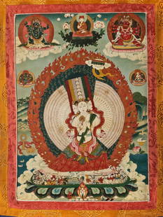 A THANGKA DEPICTING THE NINE-HEADED AND THOUSAND-ARMED AVALOKITESHVARA, TIBET, 19TH CENTURY: The nine-headed, thousand-armed deity standing atop a circular double-lotus base, his primary hands folded in front of his chest in anjalimudra, engulfed in a halo of fire, surrounded by other figures